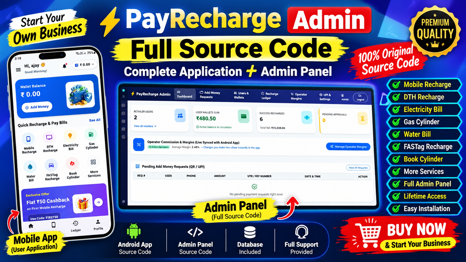 PayRecharge Admin Full Source Code 🚀 | Recharge + Bill Payment App + Admin Panel | Complete Solution