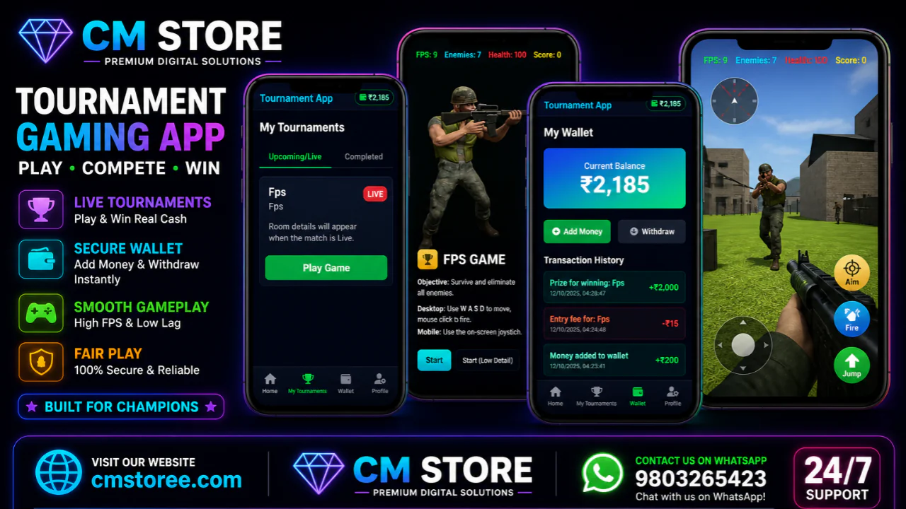 16 Real Money Gaming Tournament Platform (Admin & User Panel)