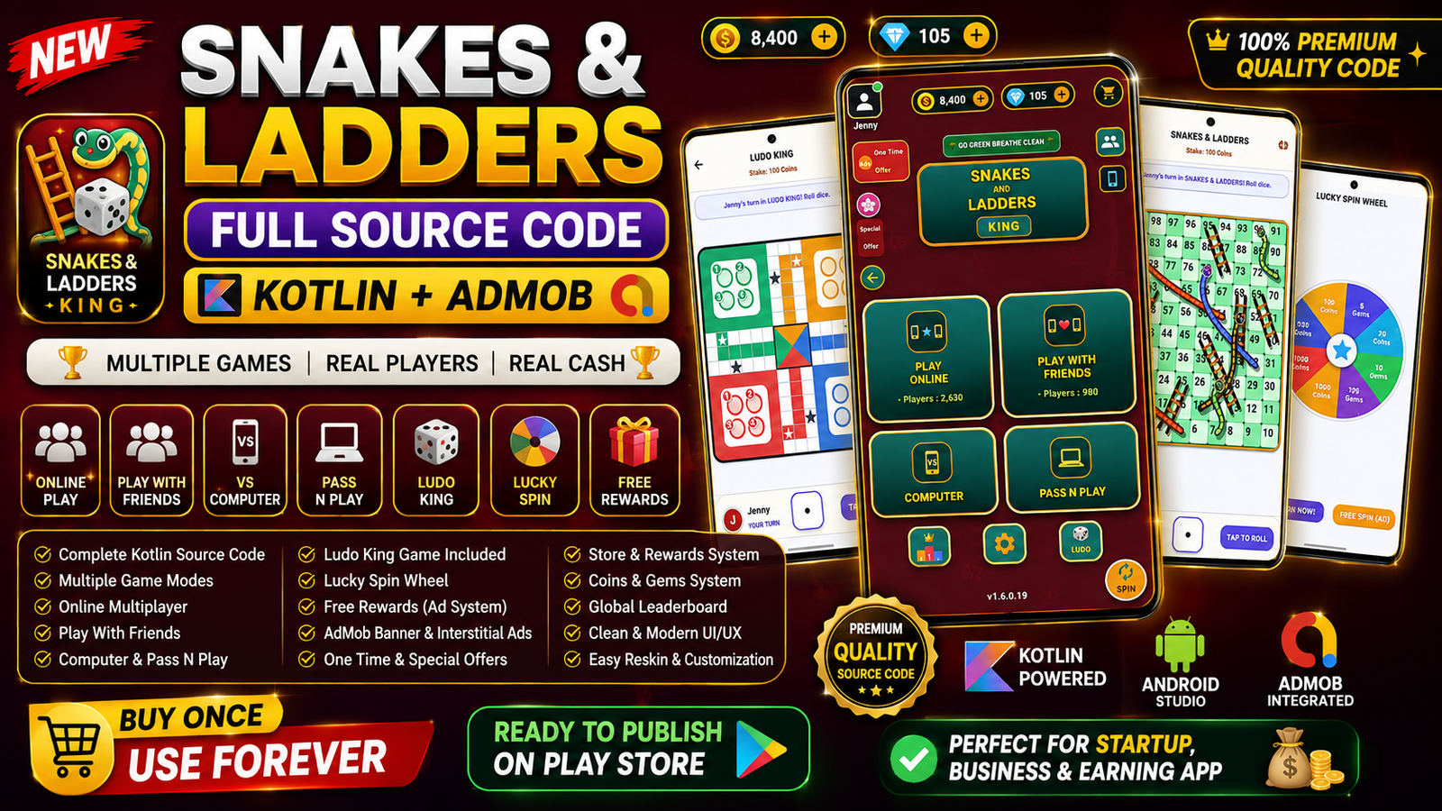🔥 Snakes & Ladders + Ludo Full Source Code | Kotlin + AdMob | Multiplayer Game | Buy Now 🚀