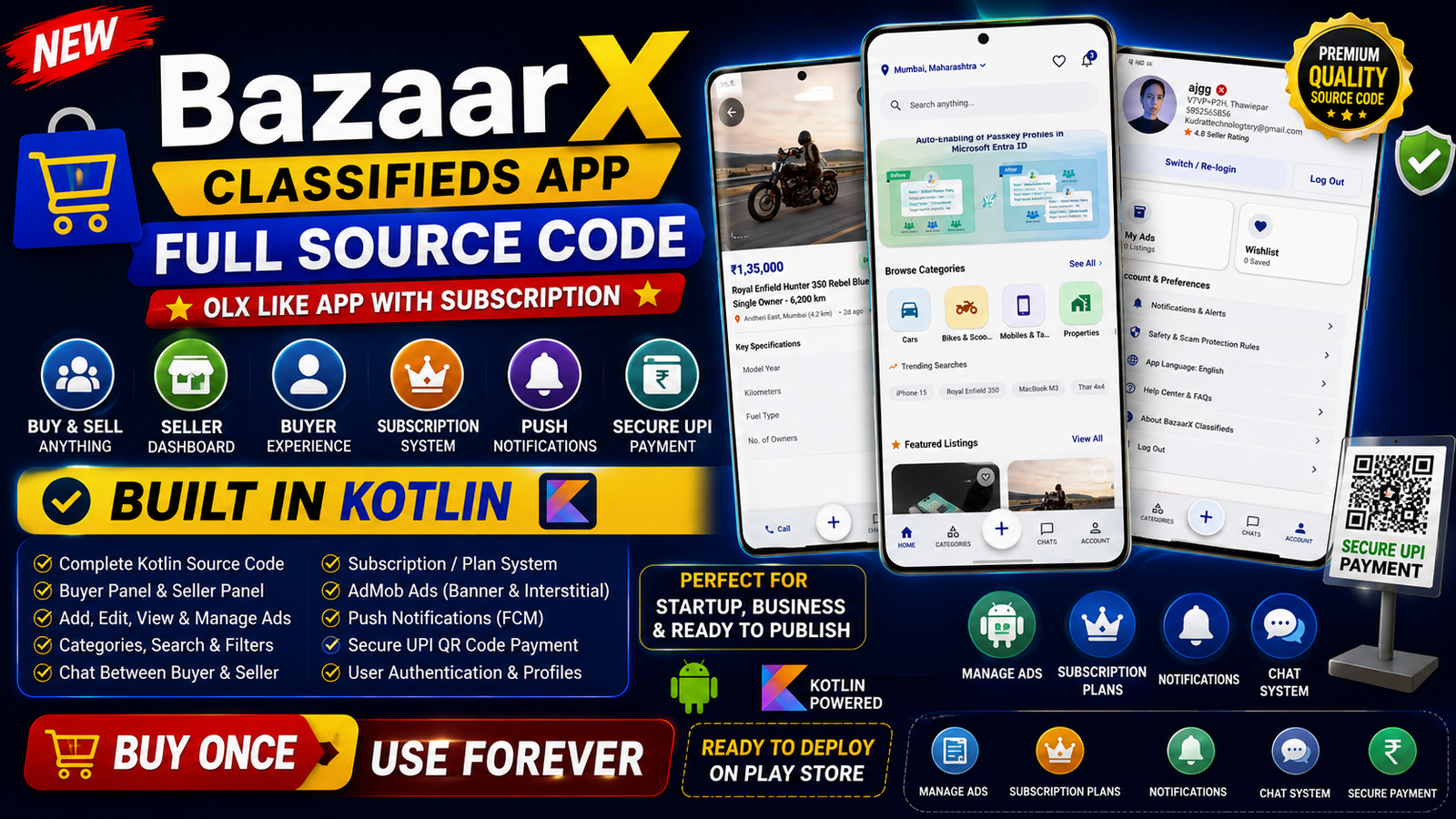🔥 BazaarX Full Source Code | OLX Like Buy & Sell App | Kotlin + AdMob | Subscription & UPI Payment 🚀