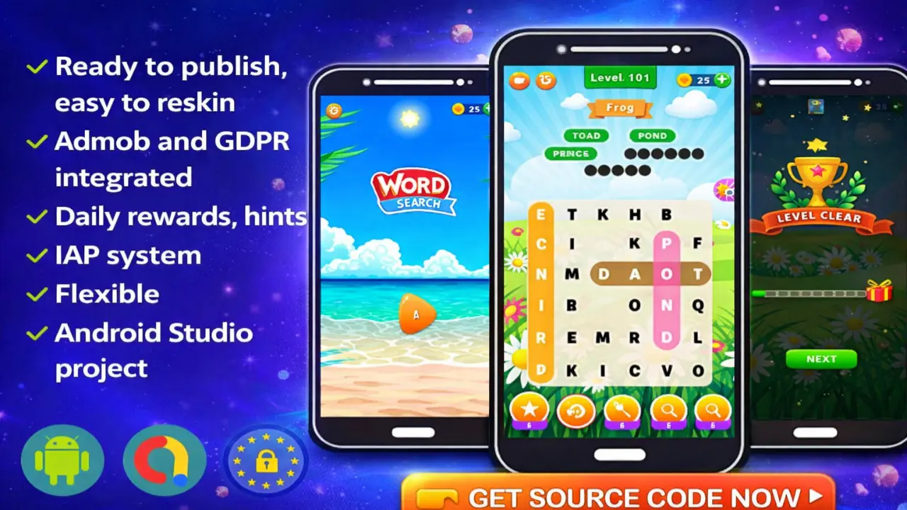 43 Word Search Puzzle Game – Android App with AdMob, IAP & Full Source Code