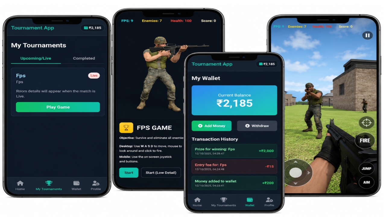Real Money Gaming Tournament Platform (Admin & User Panel)